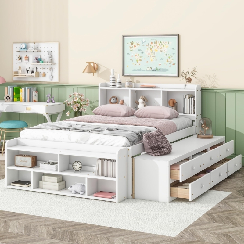 Storage Bed White Matte with Wrap Around Bookcase and Cubbies