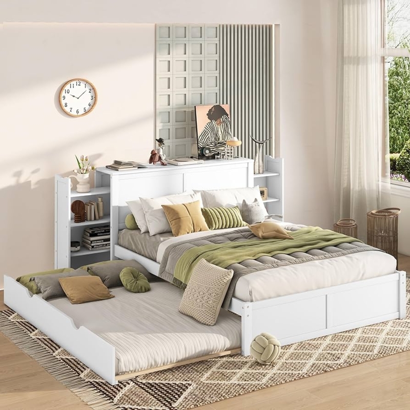 Storage Bed with Headboard Shelves and Trundle, White Finish