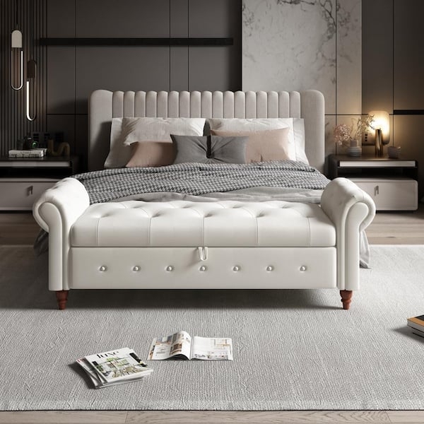 Storage Bedroom Bench Beige Fabric with Button Tufted Base Detail.