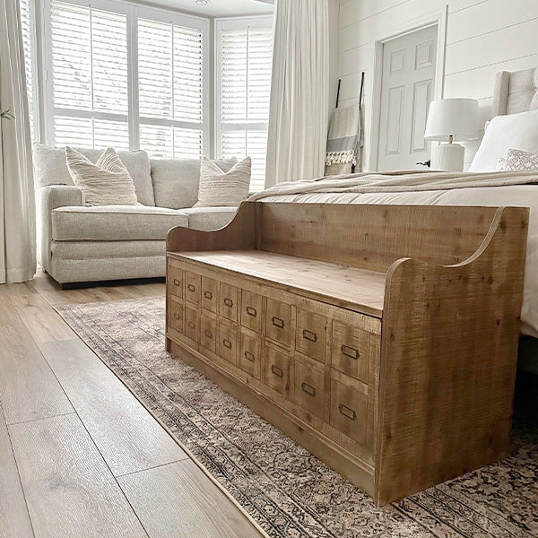 Storage Bench Apothecary Style Facade with Metal Label Holders