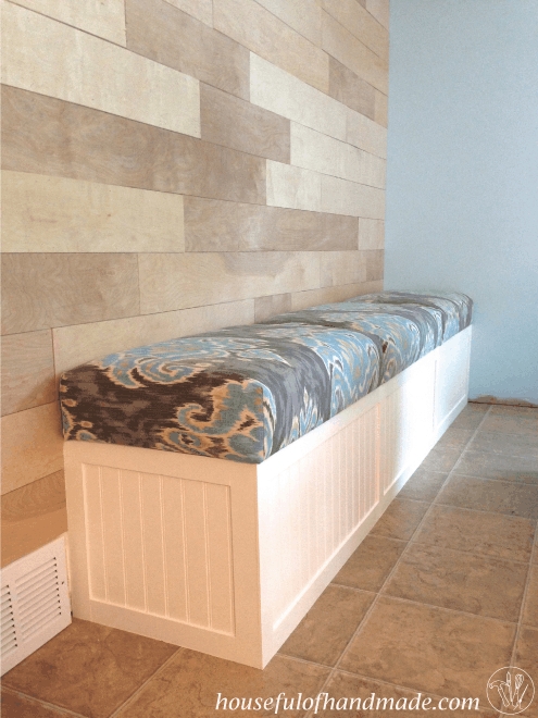 Storage Bench Beadboard Built-In Design Ikat Cushion Pattern