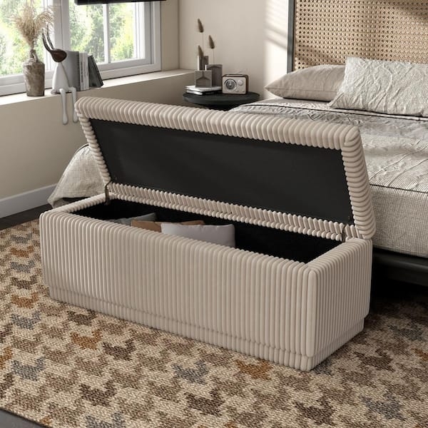 Storage Bench Beige Pink Corduroy Vertical Ribbing Contemporary