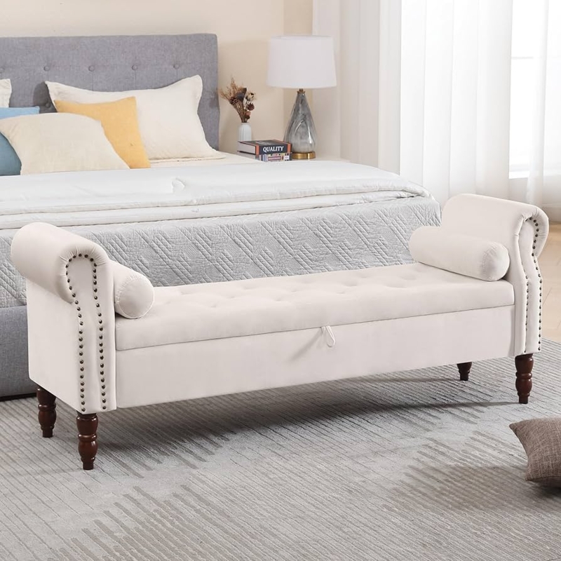 Storage Bench Beige Rolled Arms with Turned Legs and Bolster Pillows.