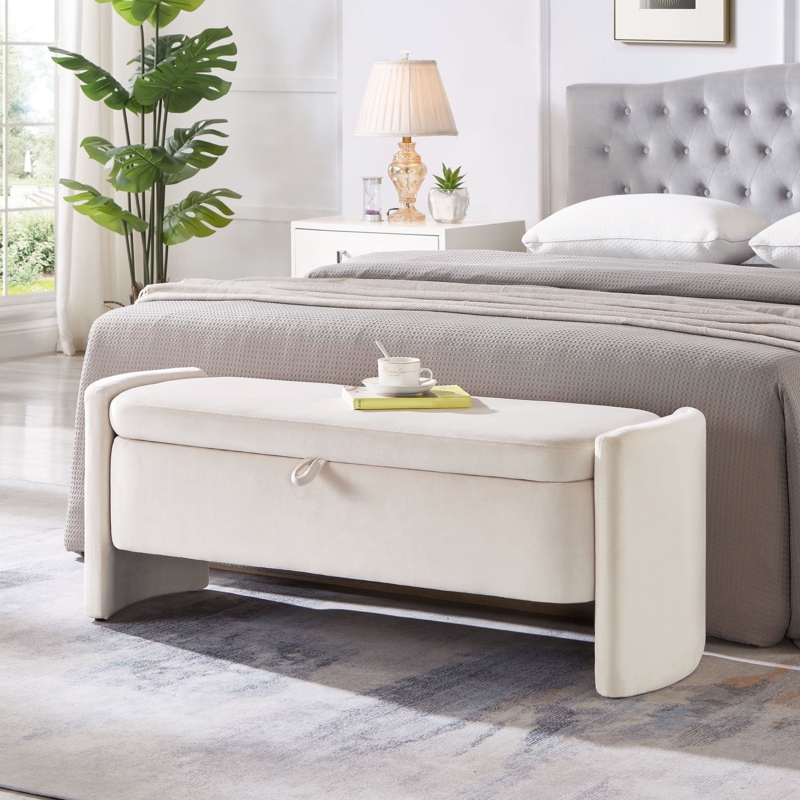Storage Bench Beige Velvet Texture with Curved Side Panels.