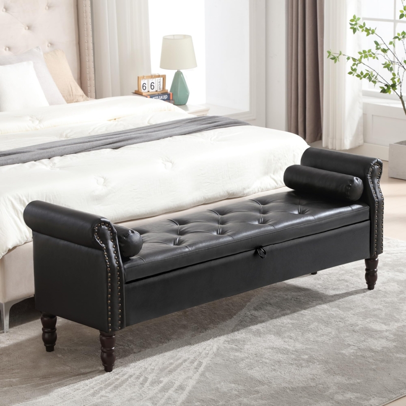 Storage Bench Black Leather-like Finish with Rolled Arms and Tufting.