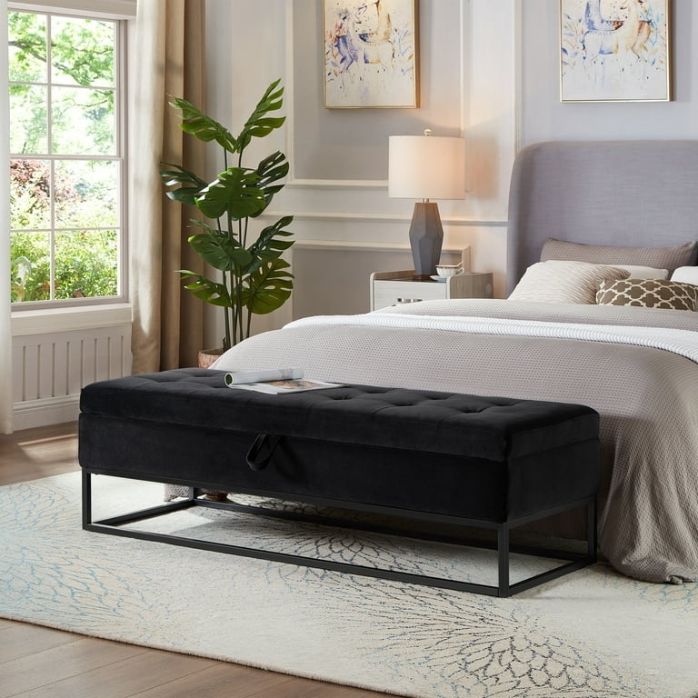 Storage Bench Black Velvet Tufted Lid on Metal Sled Base.