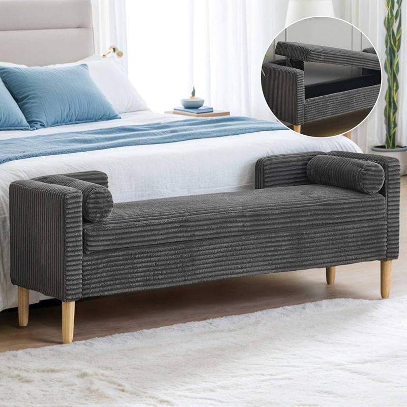 Storage Bench Charcoal Ribbed Corduroy Fabric and Cylindrical Bolsters.