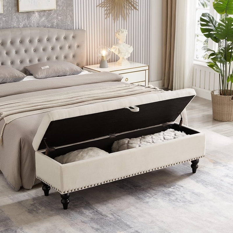 Storage Bench Cream Fabric with Nailhead Trim and Flip Top Lid.