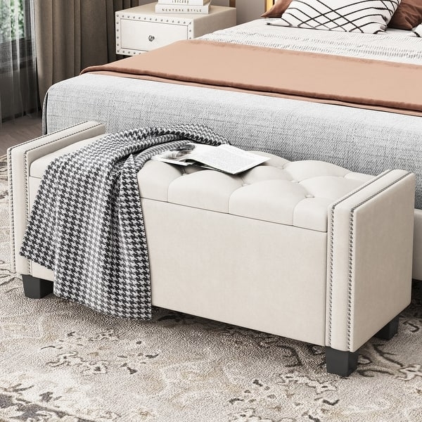 Storage Bench Cream Velvet Fabric Nailhead Rivet Trim Tufted Lid Glam