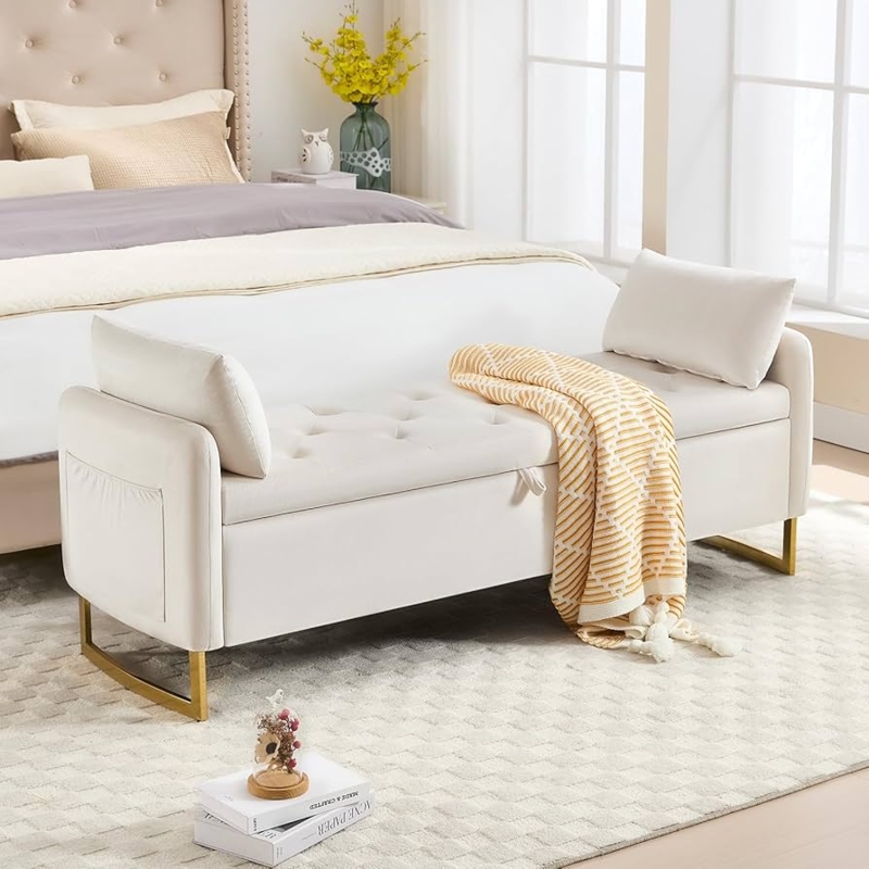 Storage Bench Cream Velvet with Side Pocket and Gold U-Shaped Legs.
