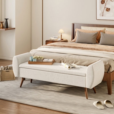 Storage Bench Curved Winged Arms Beige Woven Fabric Walnut Legs Seating