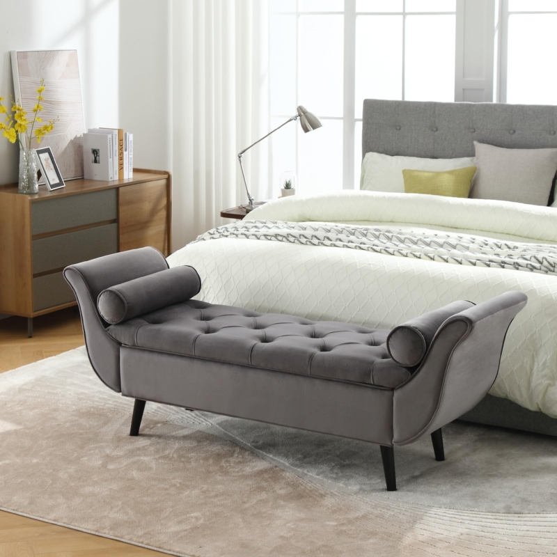 Storage Bench Dark Grey Velvet Tufted Seat with Bolster Pillows.