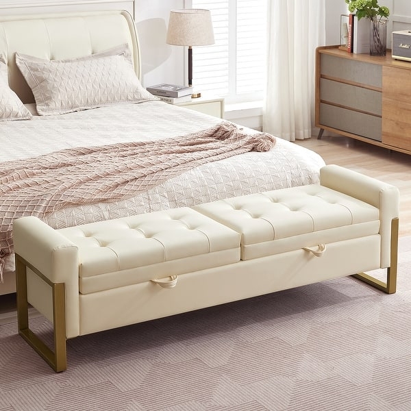 Storage Bench Double Lids Brushed Gold Legs Ivory Tufted Glam