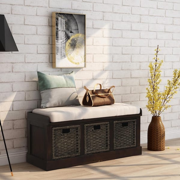 Storage Bench Espresso Finish with Woven Basket Storage