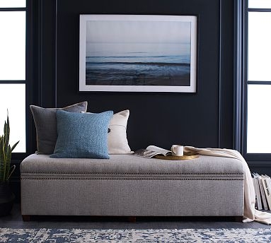 Storage Bench Extra Long Grey Woven Texture with Block Feet.