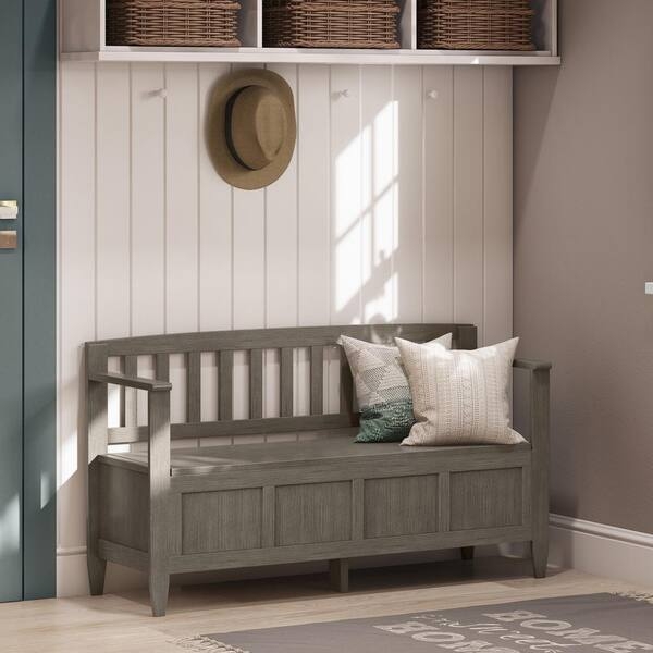 Storage Bench Farmhouse Grey Finish with Slat Back and Flip Top