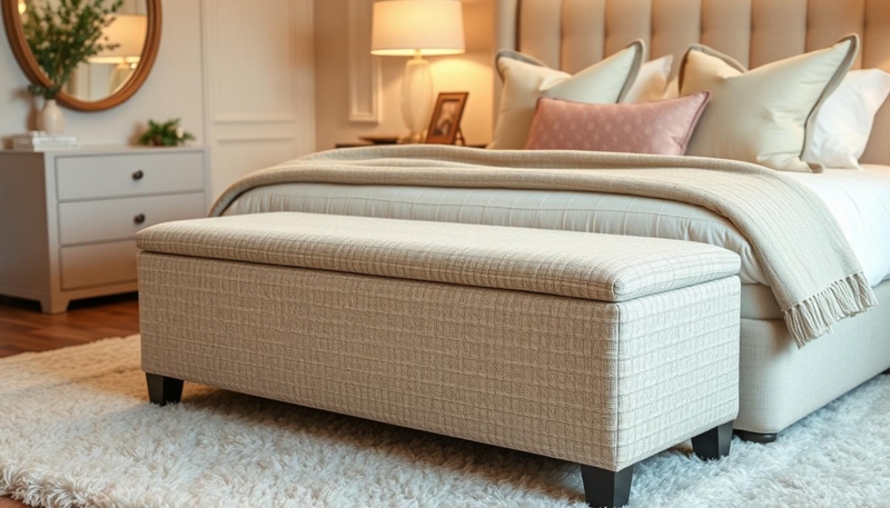 Storage Bench Grid Weave Texture Cream Boucle Fabric Tapered Feet Cozy