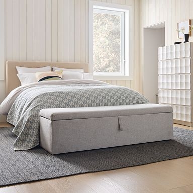 Storage Bench Heather Gray Fabric Pull Tab, Minimalist Design.