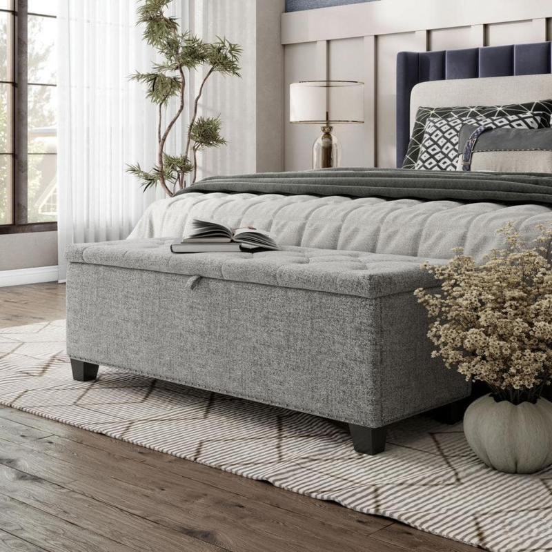 Storage Bench Heathered Gray Upholstery Nailhead Trim Button Tufted