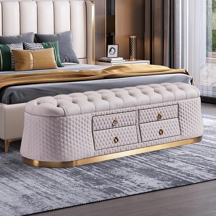 Storage Bench Honeycomb Quilted Sides Gold Base White Glam Luxury