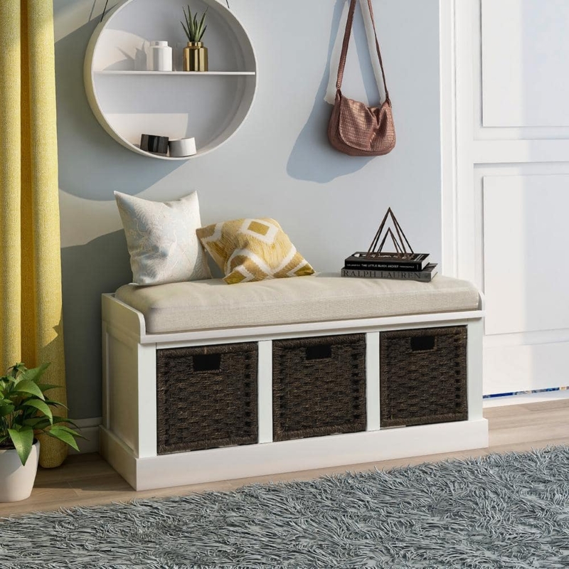 Storage Bench in Crisp White with Three Woven Baskets and Cushion