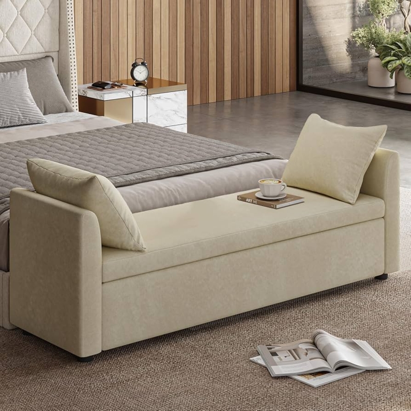 Storage Bench Integrated Armrests Matching Throw Pillows Beige Fabric