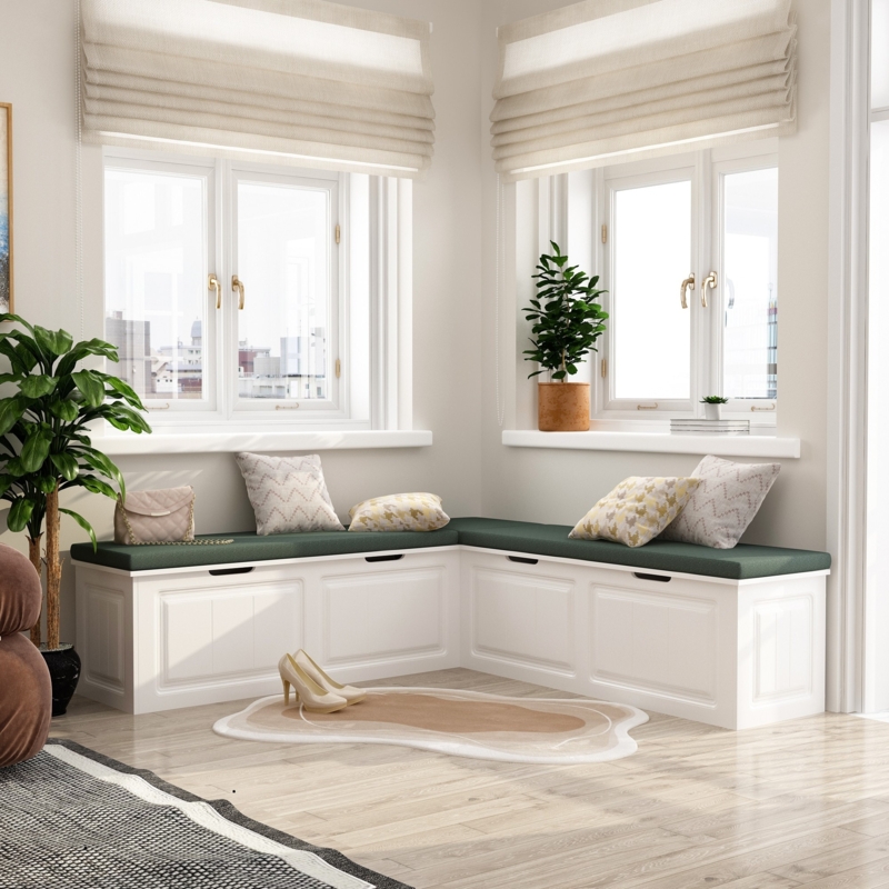 Storage Bench L-Shaped Design with Forest Green Upholstery