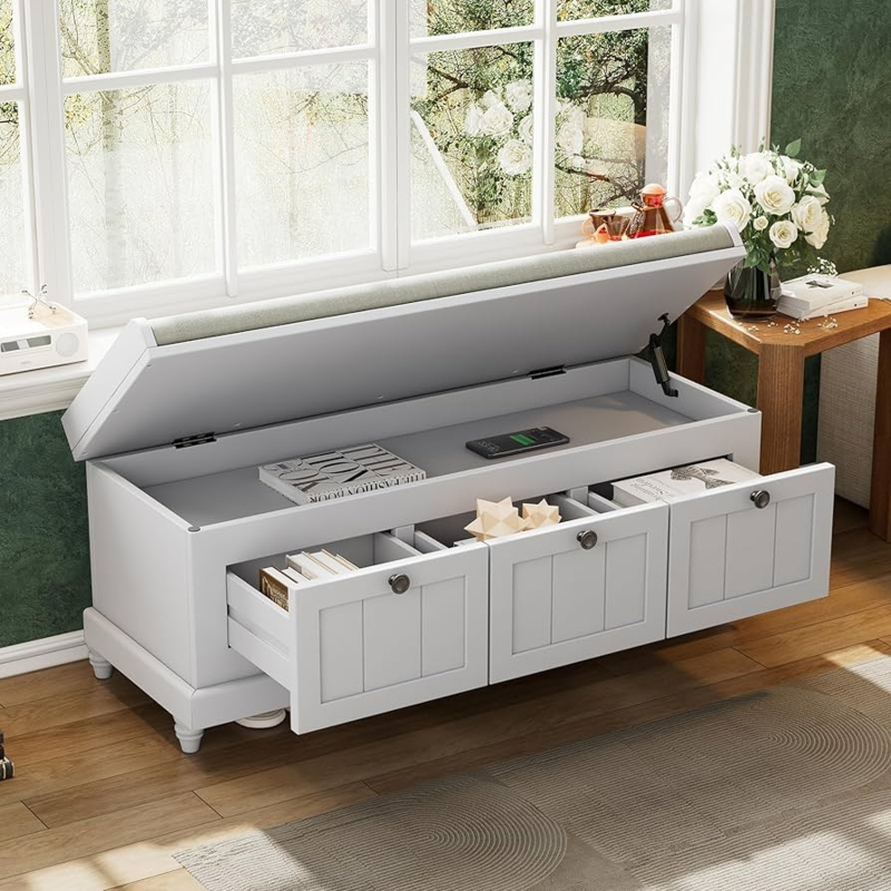 Storage Bench Light Gray with Hidden Top Storage and Three Drawers