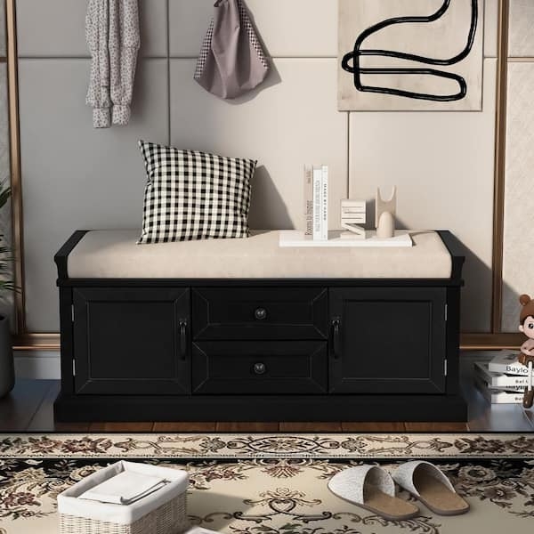 Storage Bench Matte Black Finish with Dual Storage Drawers and Cabinets