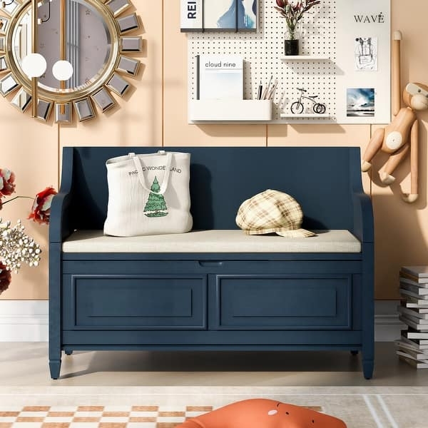 Storage Bench Navy Blue Finish with Solid Backrest and Cushion