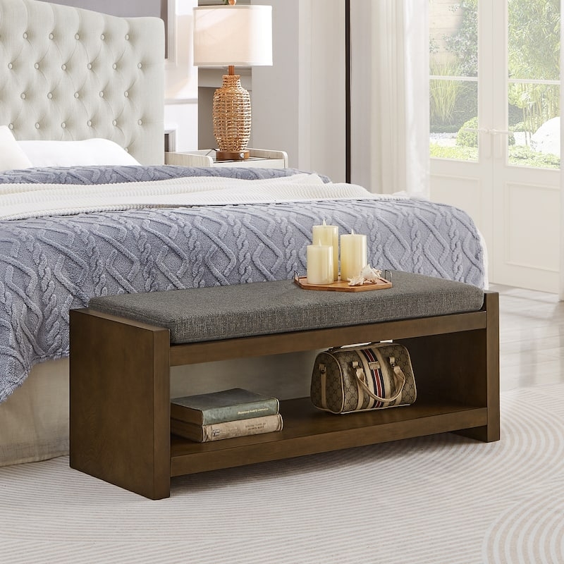 Storage Bench Open Lower Shelf Charcoal Gray Fabric Walnut Wood Frame