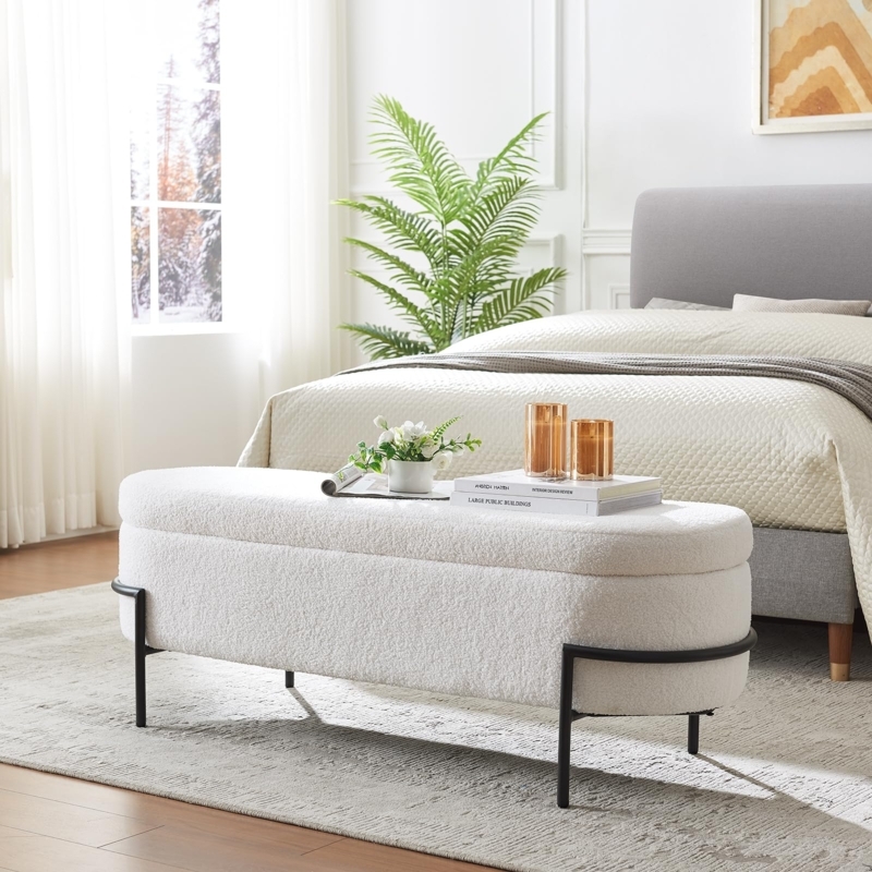 Storage Bench Oval Boucle Fabric Wraparound Black Metal Frame Bedroom
