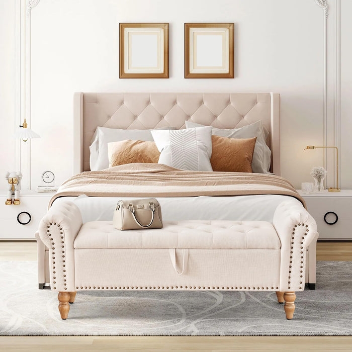 Storage Bench Rolled Arms Nailhead Trim Button Tufted Beige Traditional