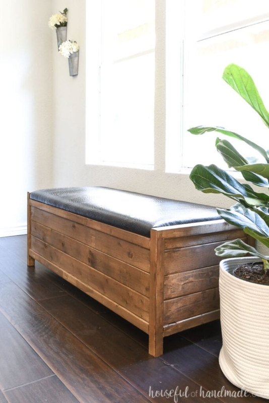 Storage Bench Slat Style Wood with Leather-Like Upholstered Top