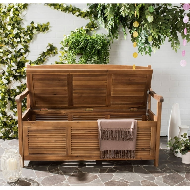 Storage Bench Teak Finish Louvered Panels Hinged Lid Coastal Style