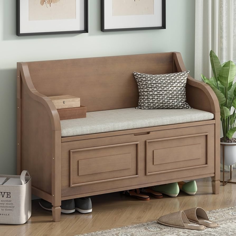 Storage Bench Transitional Style with High Backrest and Curved Arms