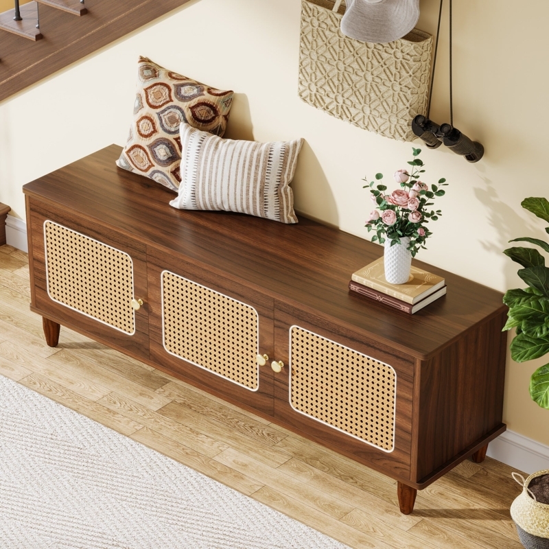 Storage Bench Walnut Finish with Woven Cane Door Fronts