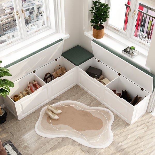 Storage Bench White and Forest Green L-Shaped Corner Seating