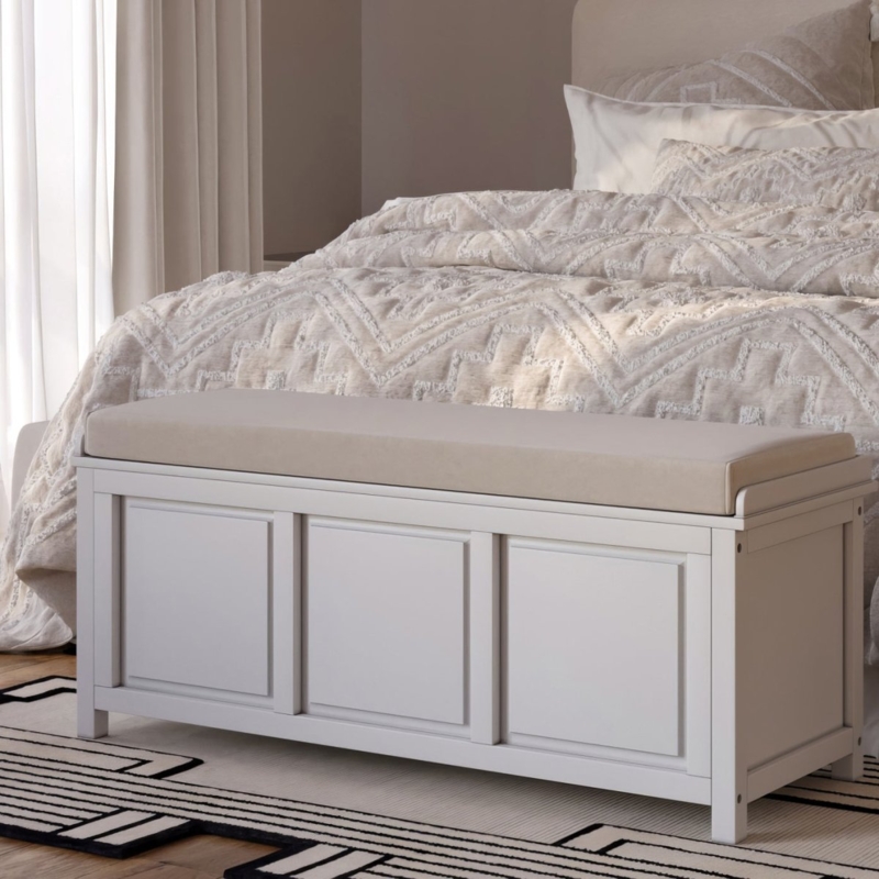 Storage Bench White Recessed Panels Padded Seat Farmhouse Entryway