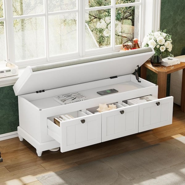 Storage Bench White with Drawers Flip Top Bun Feet Coastal Style