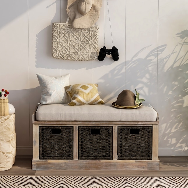 Storage Bench Whitewashed Wood Finish with Dark Woven Baskets