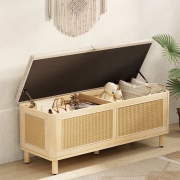 Storage Bench with Rattan Cane Panels and Upholstered Flip Top Lid