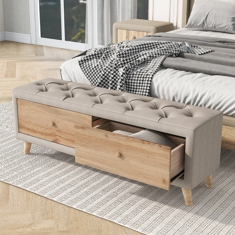 Storage Bench With Two Drawers Tufted Beige Fabric Tapered Wood Legs