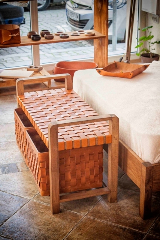 Storage Bench Woven Leather Seat Two Matching Baskets Rustic Entryway