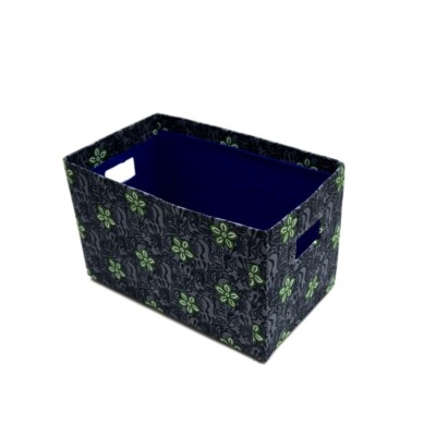 Storage Bin with Cut Out Handles and Navy Floral Pattern
