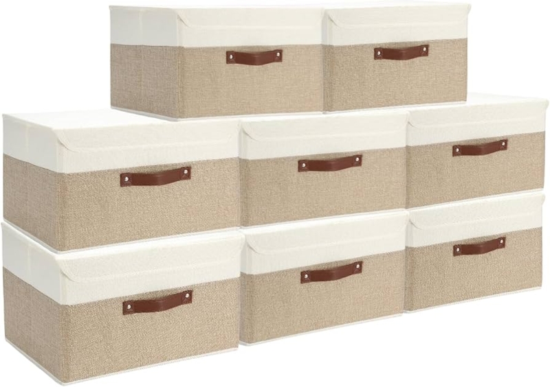 Storage Bins 8-Pack with Two Tone Fabric and Leather Like Handles