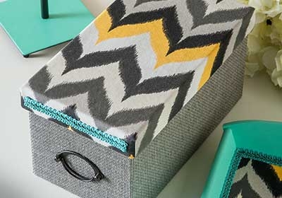 Storage Box featuring Chevron Fabric Lid and Teal Crochet Trim