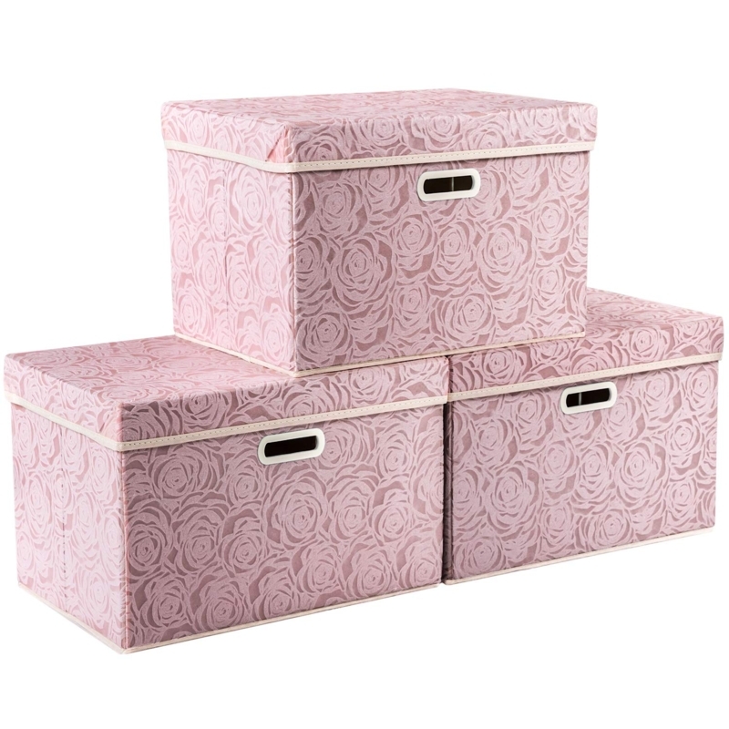 Storage Box set with Embossed Rose Pattern and Cream Piping