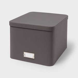 Storage Box with Metal Label Holder in Charcoal Grey Fabric
