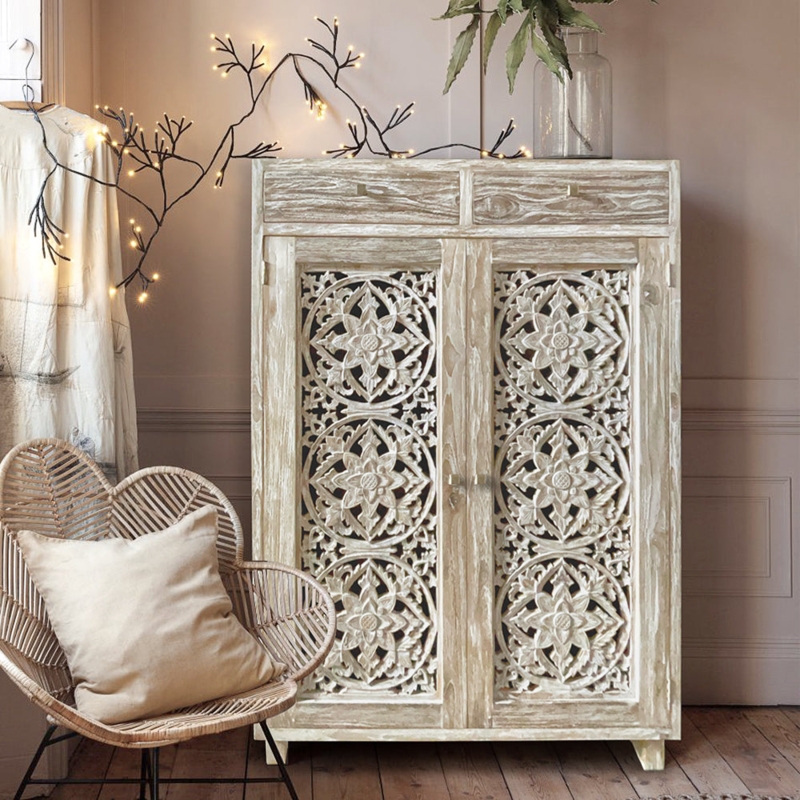 Storage Cabinet, Mandala Carvings, Natural Wash Finish, Relief Panels